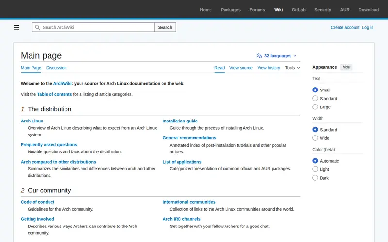 Screenshot of Arch Linux Wiki