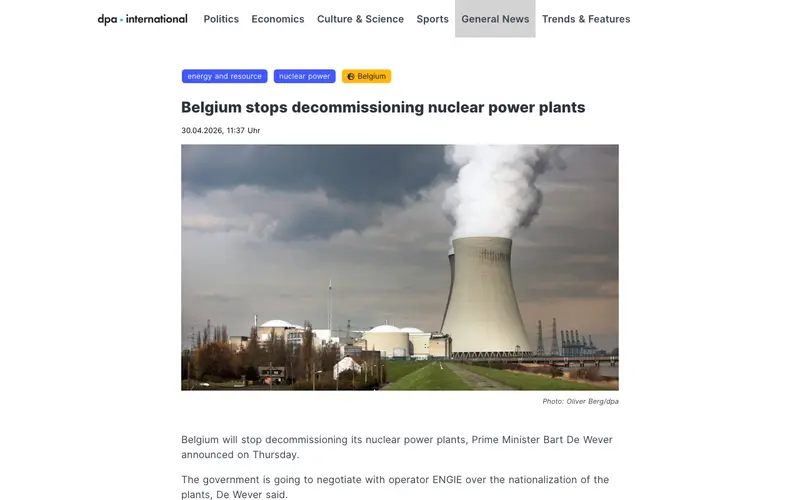 Screenshot of Belgium Stops Nuclear Power Plant Decommissioning