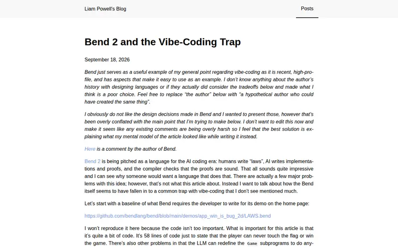 Screenshot of Bend 2 and the Vibe-Coding Trap