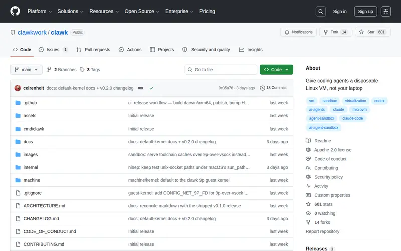 Screenshot of Clawk – Give coding agents a disposable Linux VM, not your laptop