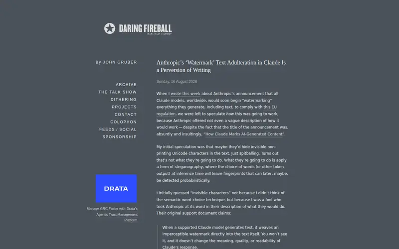 Screenshot of Anthropic's 'watermark' text adulteration in Claude is a perversion of writing