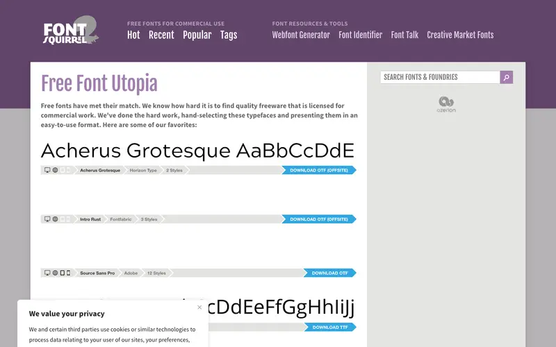 Screenshot of Font Squirrel