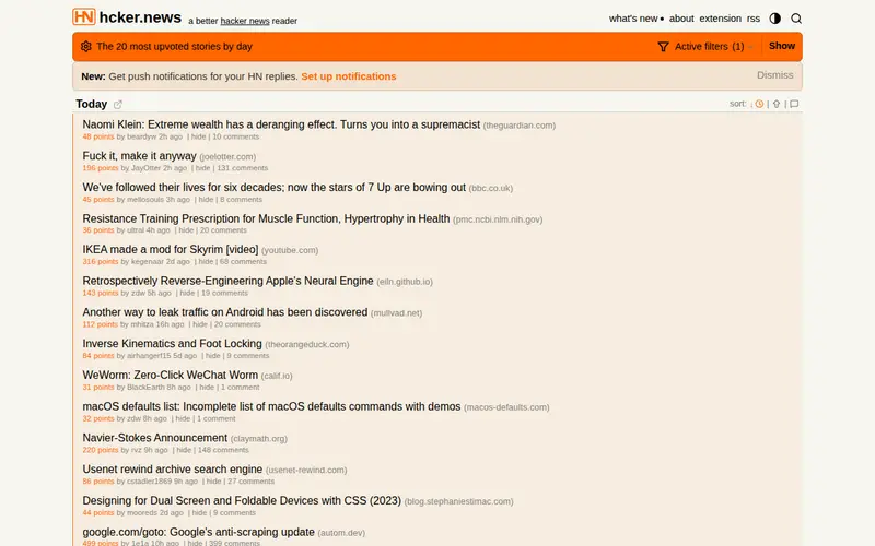 Screenshot of Hacker News, without AI