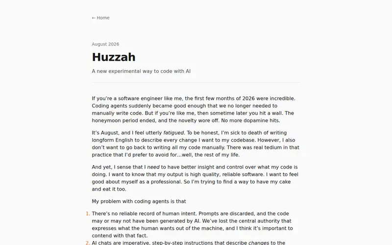 Screenshot of Huzzah – a novel approach to coding with AI