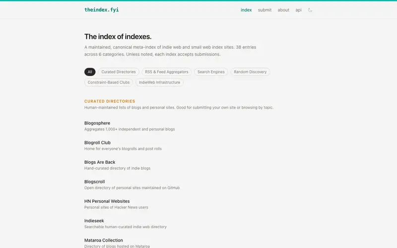 Screenshot of An index of indie web/blog indexes