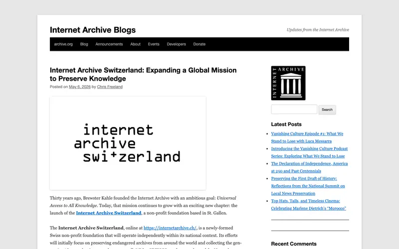 Screenshot of Internet Archive Switzerland