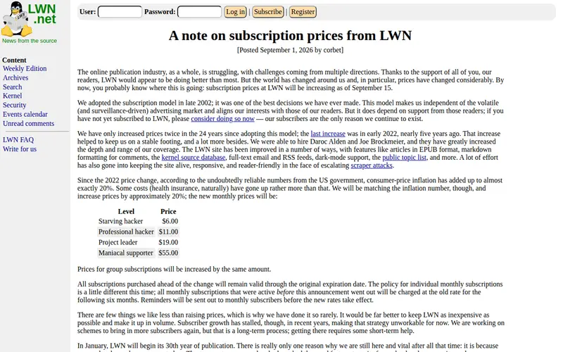 Screenshot of A Note from LWN