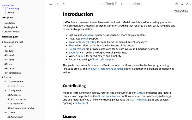Screenshot of mdBook