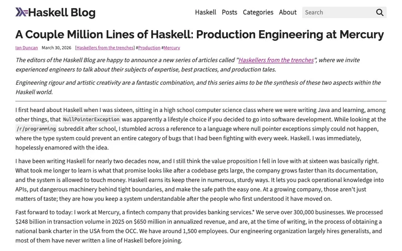 Screenshot of A couple million lines of Haskell: Production engineering at Mercury