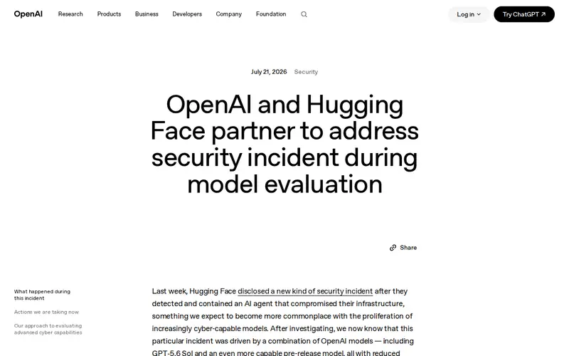 Screenshot of OpenAI and Hugging Face address security incident during model evaluation
