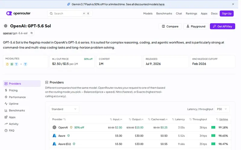 Screenshot of OpenRouter GPT-5.6 Sol Pricing Cut