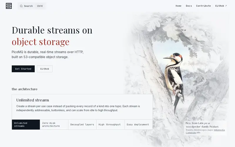 Screenshot of PicoMQ – Durable Streams over HTTP, on object storage