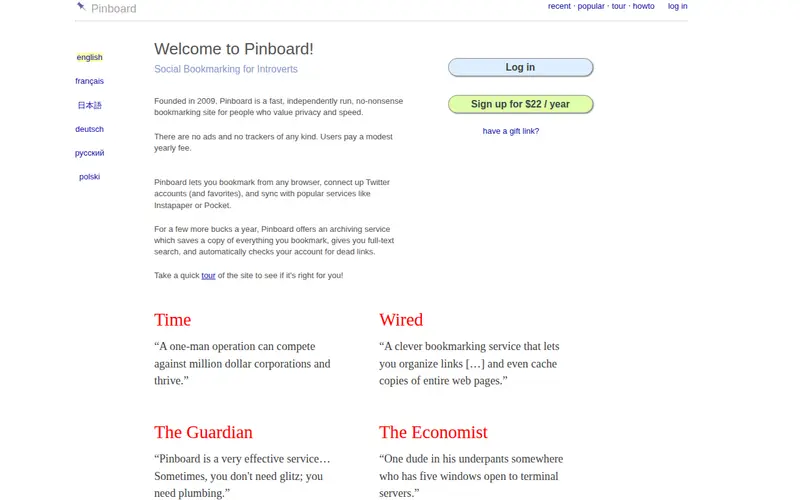 Screenshot of Pinboard