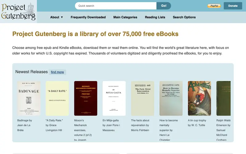 Screenshot of Project Gutenberg