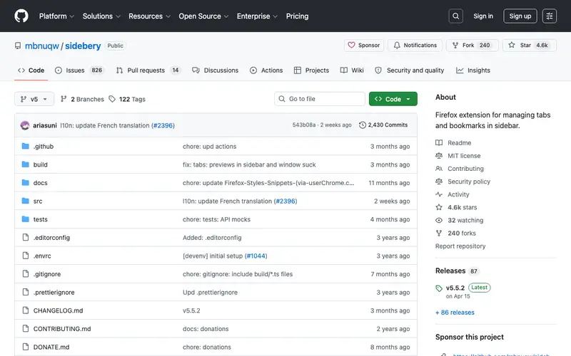 Screenshot of Sidebery