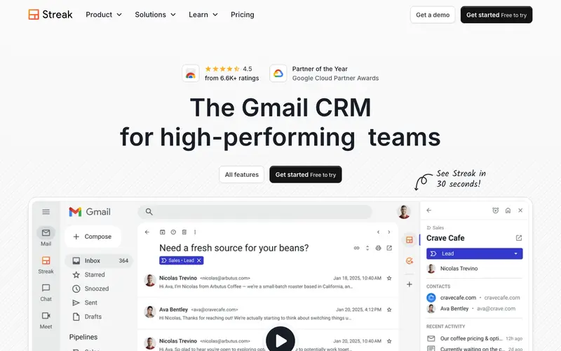 Screenshot of Streak CRM for Gmail