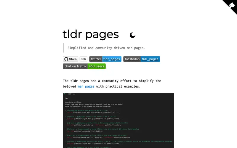 Screenshot of tldr pages