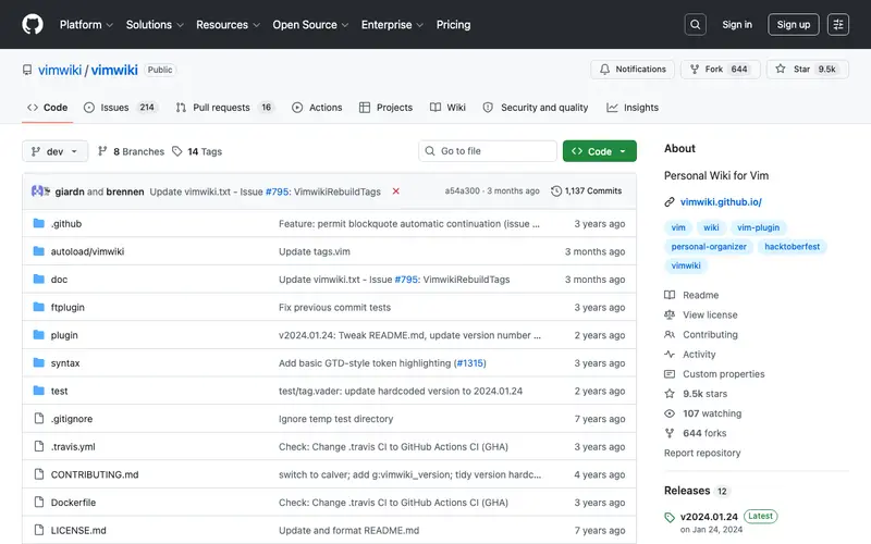 Screenshot of Vimwiki